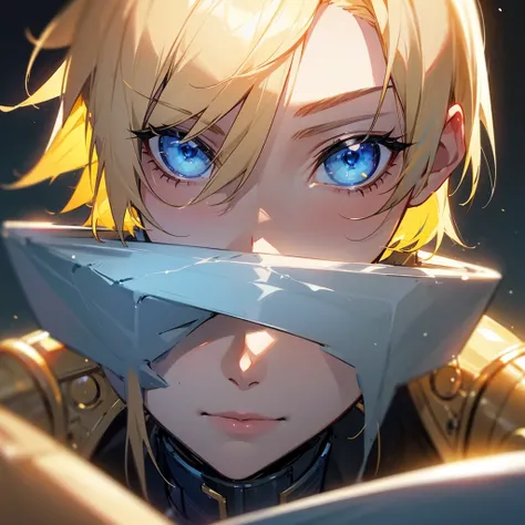 paladin, short yellow hair, blue eyes and a fine face