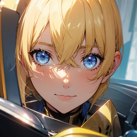 paladin, short yellow hair, blue eyes and a fine face