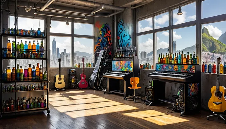 Masterpiece; Guitars and drums in a small science lab(((several science bottles around the room))); (guitars and musical keyboards inside science bottles) World map on the wall. sciencie complete with speakers and glass flasks of chemistry, embody the resi...