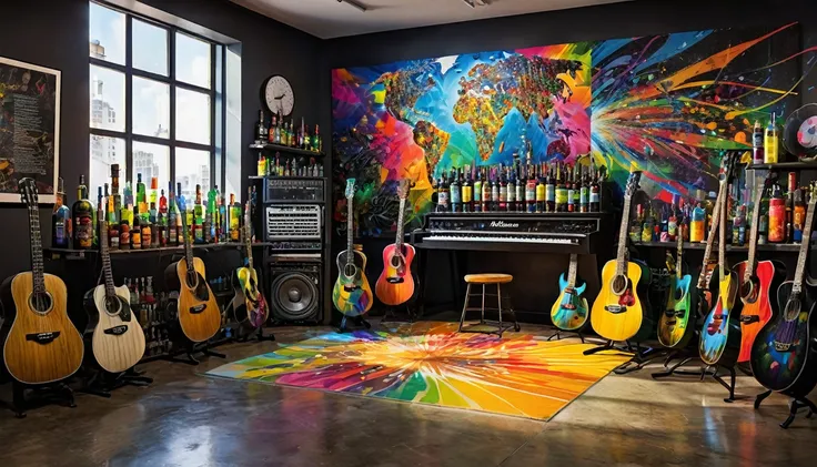 Masterpiece; Guitars and drums in a small science lab(((several science bottles around the room))); (guitars and musical keyboards inside science bottles) World map on the wall. sciencie complete with speakers and glass flasks of chemistry, embody the resi...