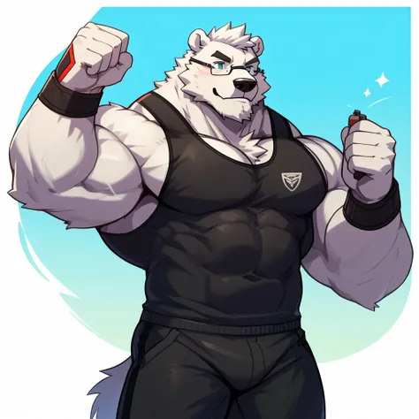 solo, 1boy, Huge Muscular White Polar Bear wearing glasses, huge white fur, pectoral, huge pectoral, wide pectoral, short white hair, blue colored short pants, blue colored wristbands and blue colored tank top, white bearded, white Mustache, white fur, Pla...