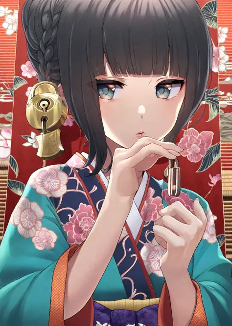 Cel shading highest quality, masterpiece, detailed, beautiful, 
 One girl, alone,  Long black hair ,detailed face, kimono, Lock