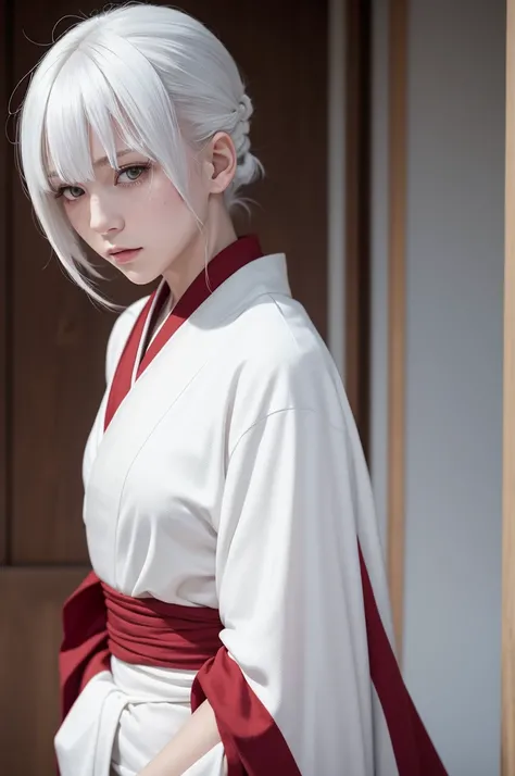 (masterpiece, best quality: 1.2), 1girl, solo, source anime, clorinde (jujutsu kaisen ), White hair, short with straight bangs, red stain on the sides of the hair, white kimono, gray eyes, long eyelashes, white skin, slim body