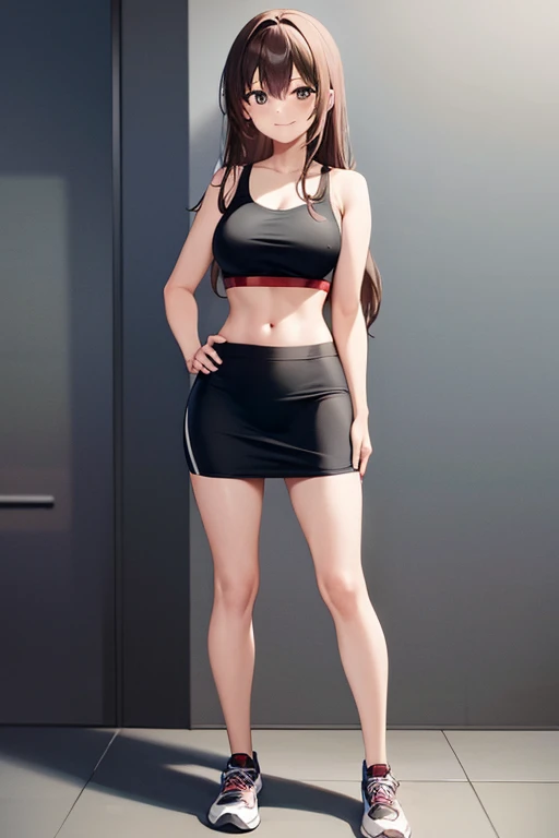 1girl, woman, sports bra, black pencil skirt, medium length skirt, sneakers, midriff, long hair, brown hair, full body, smile