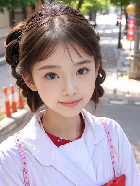 ((Cute 15 year old Japanese))、on the road、Highly detailed face、Pay attention to the details、double eyelid、Beautiful thin nose、Sharp focus:1.2、Beautiful woman:1.4、Cute Hairstyles、Pure white skin、highest quality、masterpiece、Ultra-high resolution、(Realistic:1...