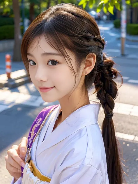 ((Cute 15 year old Japanese))、on the road、Highly detailed face、Pay attention to the details、double eyelid、Beautiful thin nose、Sharp focus:1.2、Beautiful woman:1.4、Cute Hairstyles、Pure white skin、highest quality、masterpiece、Ultra-high resolution、(Realistic:1...