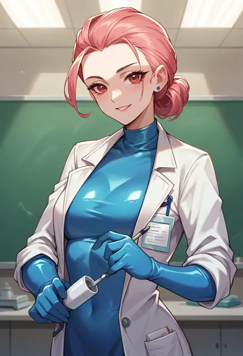 1girl, ((blue elbow gloves)), ((surgical gloves)), ((latex gloves)), ((long sleeves)) ((red surgeon outfit)), looking at viewer, ((doctor)), standing, solo