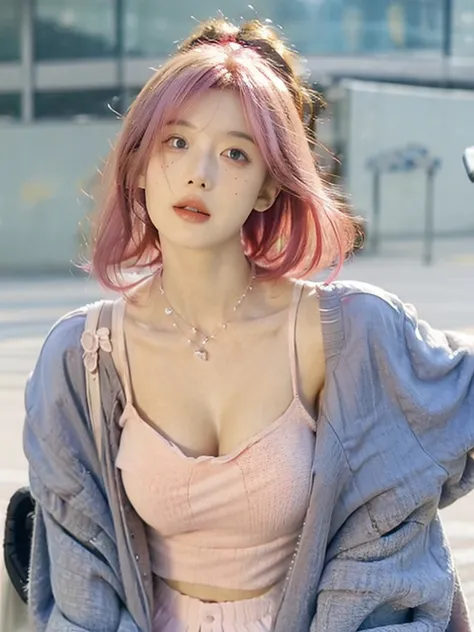 Cute girl short pink hair, with two bows on each side of the hair, all her hair short pink , with a star clip in her pink hair, light colored eyes, pretty eyes, crying eyes, pretty, upturned nose, watery nose, Pretty lips, pink lips, heart and cupid shaped...