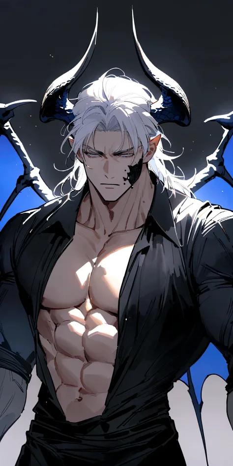 homen,strong muscular, White hair, best qualityer,open chest vest, blue and black clothes, Dragon Wings, black and blue dragon horns, black cloth on face, 