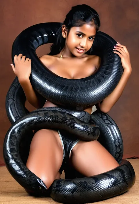 Happy Horny, aroused 1girl), beautiful kneeling Indian  young teen girl with  giant colossal black titanboa squeezing her hard, wrapped in thick spiraling coils, constricted, struggle, gasping for air, snake attack, snake peril,