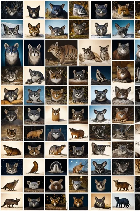 A collage of a sheet with 20 nocturnal animals without text or numbers