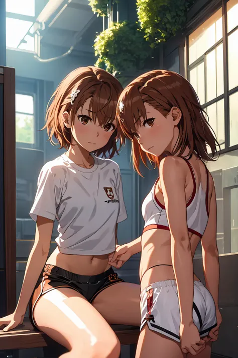 Highest quality:1.5, High resolution, uhd, 4K, Detailed lighting, Shaders), NSFW Misaka Mikoto,short hair　Brown Hair　Brown eyes　Cool face　　((Black latex shorts))++　Sports bra with a small area　Realistic sun rays　 Beautiful park