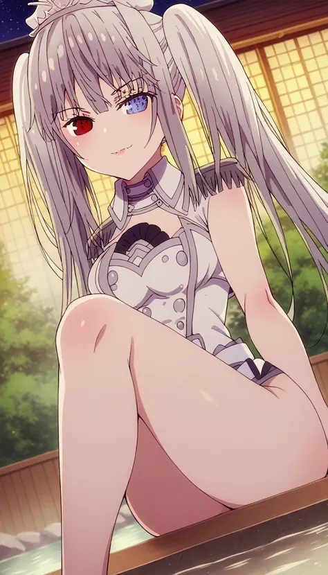 source_anime, whitequeen, white queen, long hair, bangs, twintails, white hair, smile, heterochromia, red eyes, blue eyes, medium breasts, one leg raised up, one leg crossed over the other leg, sitting, nude, naked, in the room, onsen, on the bed, blush,so...