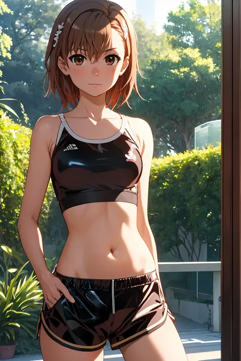 Highest quality:1.5, High resolution, uhd, 4K, Detailed lighting, Shaders), NSFW Misaka Mikoto,short hair　Brown Hair　Brown eyes　Cool face　　((Black latex shorts))++　Sports bra with a small area　Realistic sun rays　 Beautiful park