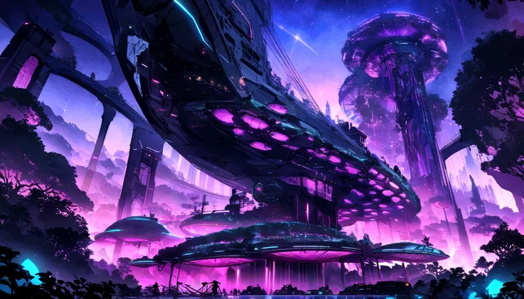 "Create a high-resolution image that depicts a stunning futuristic landscape with a darker color palette. The landscape should show a nocturnal or twilight setting, with futuristic buildings that light up in vibrant shades of blue, roxo e neon. The sky sho...