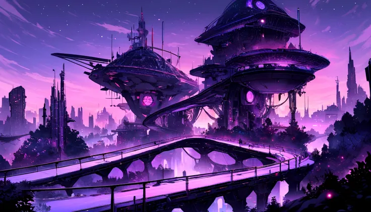 "Create a high-resolution image that depicts a stunning futuristic landscape with a darker color palette. The landscape should show a nocturnal or twilight setting, with futuristic buildings that light up in vibrant shades of blue, roxo e neon. The sky sho...