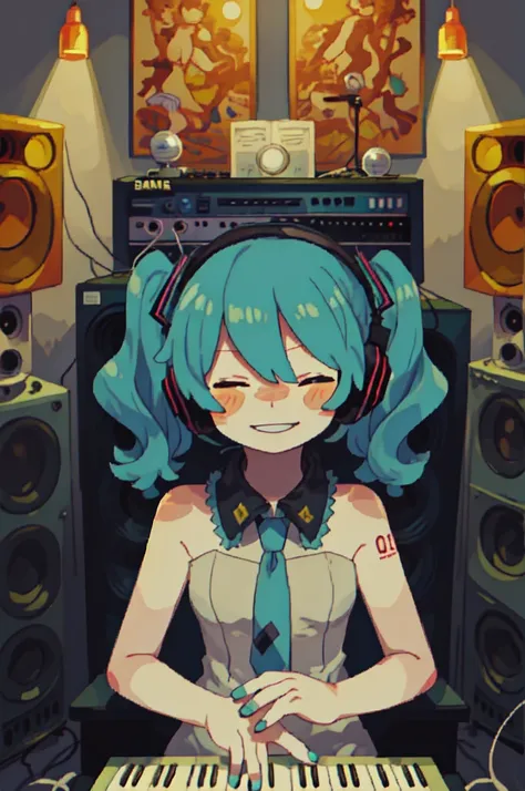 vocaloid, (hatsune miku, aqua hair, very long hair, twintails, aqua nails, aqua necktie:1.2),

(grant wood, american gothic:1.2),
1girl, solo, (portrait), smile, closed mouth, (closed eyes), lips, (spoken musical note),
(final fantasy tactics:1.2),

(recor...