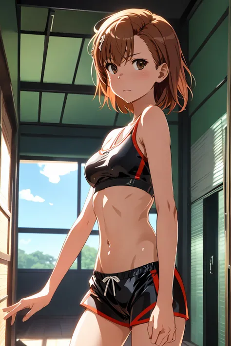 Highest quality:1.5, High resolution, uhd, 4K, Detailed lighting, Shaders), NSFW Misaka Mikoto,short hair　Brown Hair　Brown eyes　Cool face　　((Black latex shorts))++　Sports bra with a small area　Realistic sun rays　 Beautiful park　topless　Completely naked