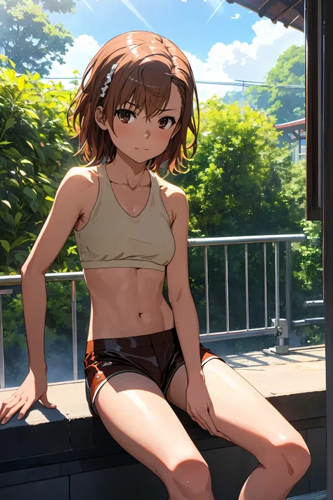 Highest quality:1.5, High resolution, uhd, 4K, Detailed lighting, Shaders), NSFW Misaka Mikoto,short hair　Brown Hair　Brown eyes　Cool face　　((Black latex shorts))++　Sports bra with a small area　Realistic sun rays　 Beautiful park　topless　Completely naked