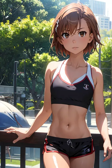 Highest quality:1.5, High resolution, uhd, 4K, Detailed lighting, Shaders), NSFW Misaka Mikoto,short hair　Brown Hair　Brown eyes　Cool face　　((Black latex shorts))++　Sports bra with a small area　Realistic sun rays　 Beautiful park　topless　Completely naked