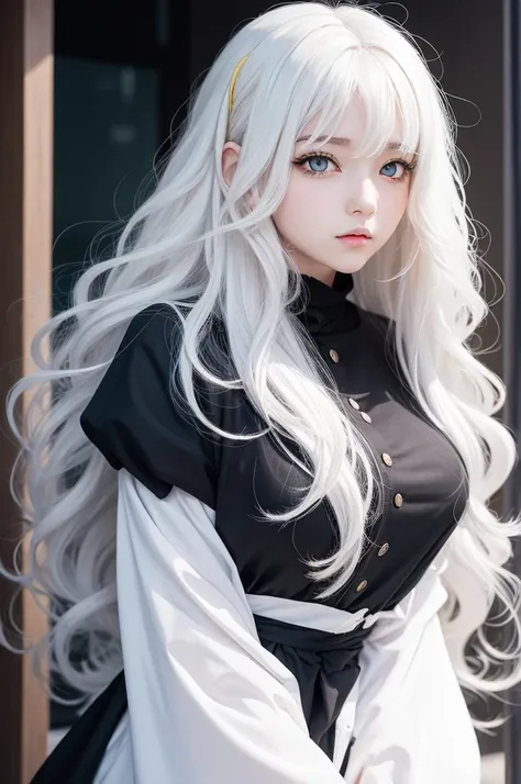 Anime girl wavy white hair and yellow eyes