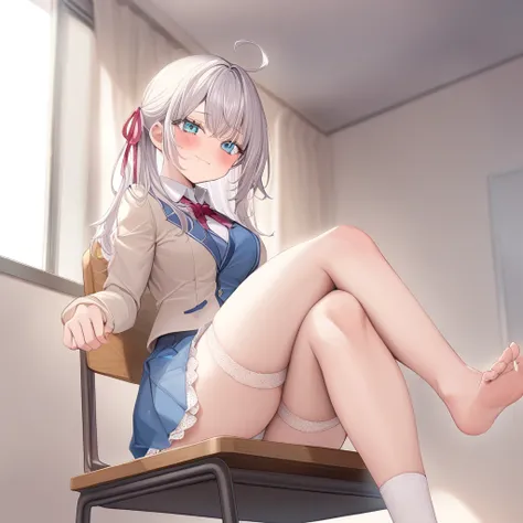 One girl, Alisa Mikhailovna Kujo,Tomorrow, my friend, Arya-san, will be visiting Russia.,alone, Long Hair, Eyebrows visible through hair, Hair between the eyes, Silver Hair, Hair Ribbon, blue eyes, Medium chest, ,White legwear,zettai ryouiki, Long sleeve, ...