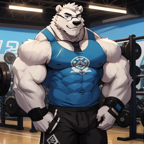 solo, 1boy, Huge middle aged Muscular White Polar Bear wearing glasses, huge white fur, pectoral, huge pectoral, wide pectoral, short white hair, blue colored short pants, blue colored wristbands and blue colored tank top, white bearded, white Mustache, wh...