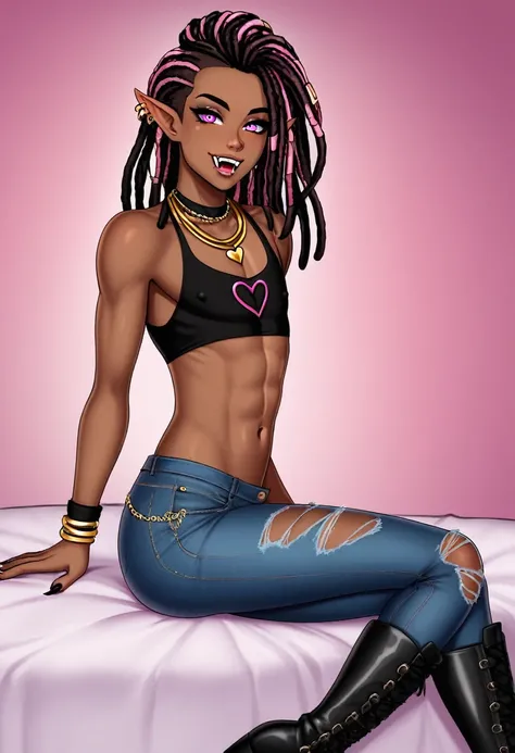 Best quality, highly detailed, ultra detailed, 1 brown skin boy, femboy, flat chest, male chest, slim curvy body, long pink dreadlocks, pink dreadlocks, pink eyes, pointy ears on sides, fangs, sharp nails, black lipgloss, wearing black croptop, heart neckl...