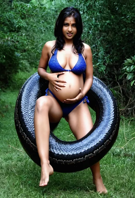 Pregnant bikini  Happy Horny, aroused 1girl), beautiful kneeling Indian  young teen girl with  giant colossal black titanboa squeezing her hard, wrapped in thick spiraling coils, constricted, struggle, gasping for air, snake attack, snake peril, moonless n...