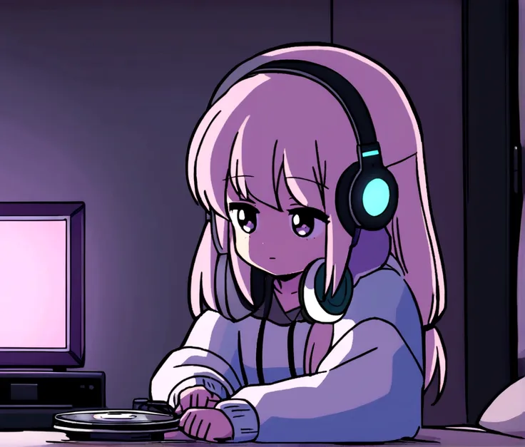 Girl listening to music in a cozy room at night, Wearing Headphones, anime 2D style, lo-fi, Hard disk, dark surroundings