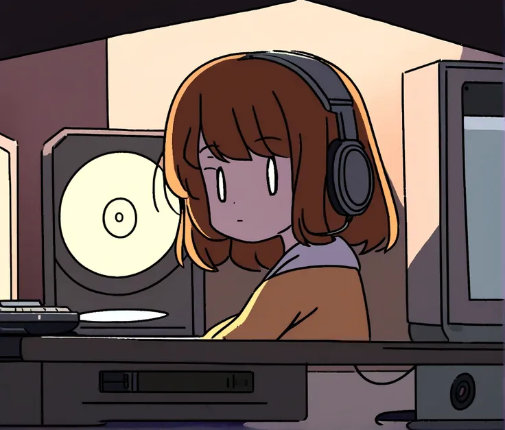 Girl listening to music in a cozy room at night, Wearing Headphones, anime 2D style, lo-fi, Hard disk, dark surroundings