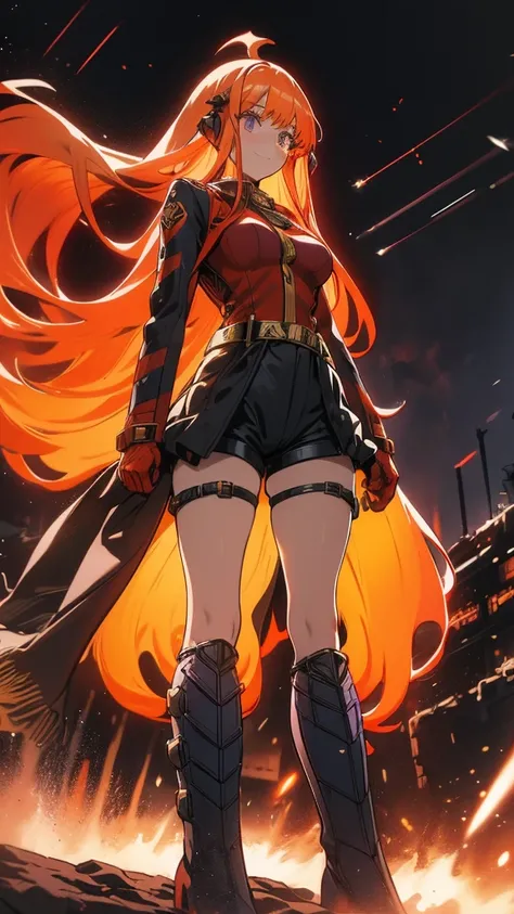 long-haired girl with pigtails, orange hair, perfect body, metallic robot arms, red-purple eyes, military jacket, beautiful thick thighs, purple-red and black clothes, military boots, many belts, holds a futuristic laser cannon, has war scars, walking shot...