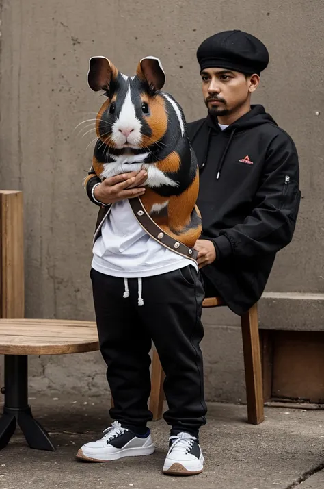 Create the image of a guinea pig with black pants, ponchito and a cholo chullo 