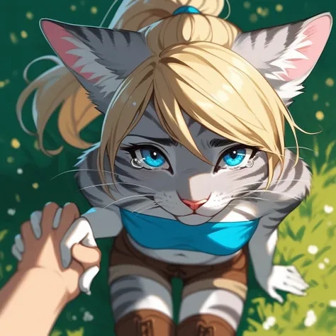 Solo, score_9,score_8_up,score_7_up, source_furry, kat, Anthro furry feline, blue eyes, blonde hair, (ponytail hair), pink nose, :3, white whiskers, silver fur with grey stripes, furry body, wearing blue bandeau, brown short shorts, brown boots, on her kne...