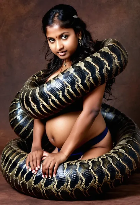 Pregnant Happy Horny, aroused 1girl), beautiful kneeling Indian  young teen girl with  giant colossal black titanboa squeezing her hard, wrapped in thick spiraling coils, constricted, struggle, gasping for air, snake attack, snake peril, moonless night, di...