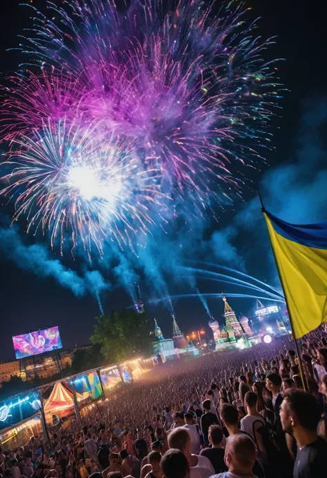 - "A massive open-air techno event with thousands of beautiful dancing adults, featuring Alexei Navalny, some with clothing reminiscent of the Ukrainian flag, vibrant and energetic atmosphere, colorful lights and stage, diverse crowd with smiling faces, dy...