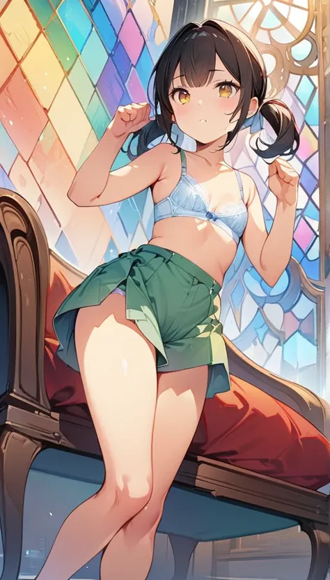 (masterpiece:1.8),(Highest quality:1.8),(Very detailed:1.8),(8k:1.8),(Ultra-fine Illustration:1.5),,,Straight low twintail,Flat Chest,Small Ass,(High-grade ,,lingerie:1.4),(Prayer Pose:1.5),Vintage sofa,,(Full body angle), Stained glass, Rainbow Gradient, ...