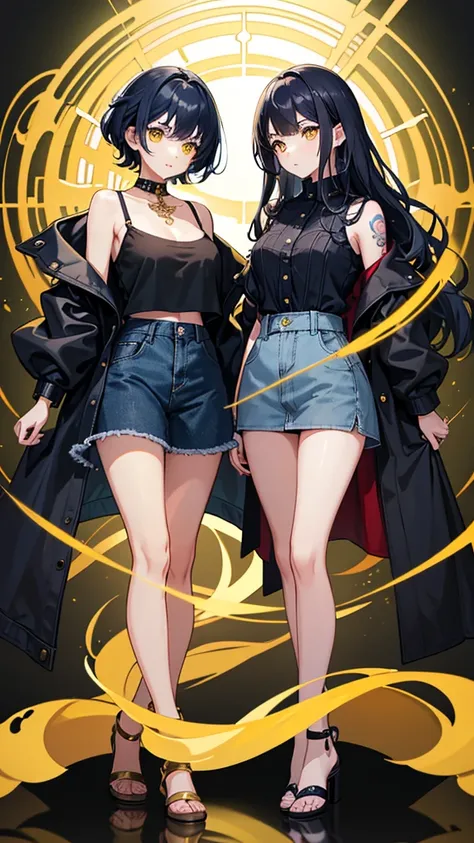 2girls, short wavy navy blue hair, golden yellow glowing eyes, wearing black tube top shirt, navy blue trench coat, long navy blue denim skirt, golden anklets, sleeve tattoo, river, absurdres, high res, ultra sharp, 8k, masterpiece, looking at viewer