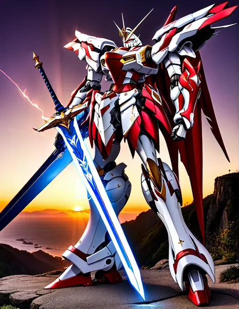 Full body image of King Arthurs personal mech named Excalibur, Excalibur if it were a giant robot, Mecha, Regal Knight aesthetic, white and gold armor with a Scarlett cape billowing in the wind, standing on a cliffside overlooking a fantasy version of Came...