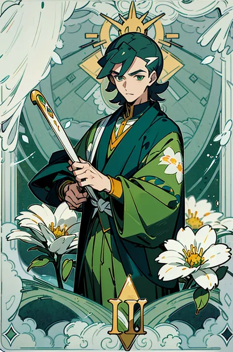 ((Best Quality)), ((Masterpiece)), (detailed), (tarot), (Pokémon), a handsome man with a gentle look, dressed in green clothes with flower print, in a forest clearing