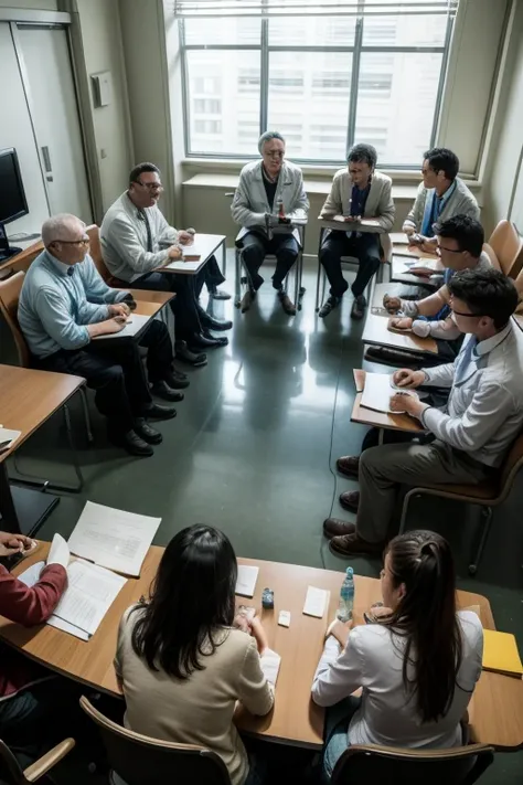 A group of scientists and engineers discussing around a table.