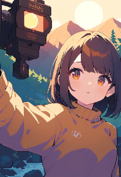 pixel art, Veronica Cipher ((upper body selfie, hapiness的)), Masterpiece, Superior quality, ultra detailed, alone, exterior, (evening), mountain, nature, (Star, officer) hapiness, hapiness的, gloves, sweater, have, flashlight, forest, rock, River, wood, Get...