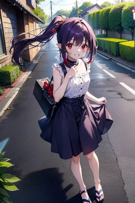 yuukikonno, Yuki Konno, hair band, Long Hair, Pointy Ears, Purple Hair, (Red eyes:1.5), (Small breasts:1.2),Side Ponytail,smile,Grin,Purple sleeveless dress、Cute Sandals,Put your right hand on your hip,Push-type suitcase,Are standing,Daytime,whole bodyがイラス...