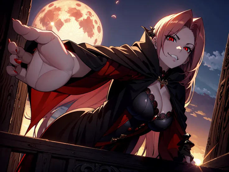 A huge, blood-red full moon peeked through the clouds. A beautiful, busty, mature vampire woman stepped onto the balcony in a crimson-lined, jet-black cloak., In this 16k, masterpiece, every proportion is ideally aligned, making her a seductive and toxic v...