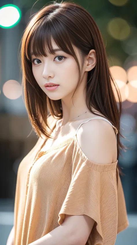 Ultra-high resolution, Superior Quality, Highest quality, Super detailed, Realistic, 8K, RAW Photos, Highest quality, masterpiece, Attractive girl, A wonderful girl, Brown Hair, Shoulder-length layered, Asymmetrical bangs, Japanese Idols, Sophisticated, st...