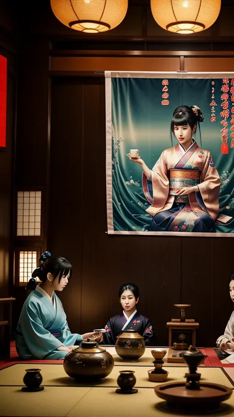 A high-tech tea ceremony party is taking place in a cyberpunk setting in the future of Japan.、An android and a human in traditional Japanese clothing are drinking tea。The hanging scroll in the room reads:"wrtn"it is written like this。A realistic image of。