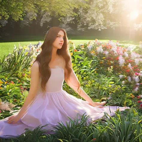 A peaceful garden, a girl sitting on the grass, detailed eyes and face, serene expression, long flowing hair, sunlight filtering through the trees, lush greenery, calm pond, soft pastel colors, natural lighting, photorealistic, 8k, high quality, beautiful ...