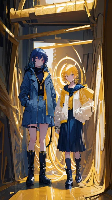 2girls, short wavy navy blue hair, golden yellow glowing eyes, wearing black tube top, navy blue trench coat, navy blue long denim skirt, golden boots, sleeve tattoo, river