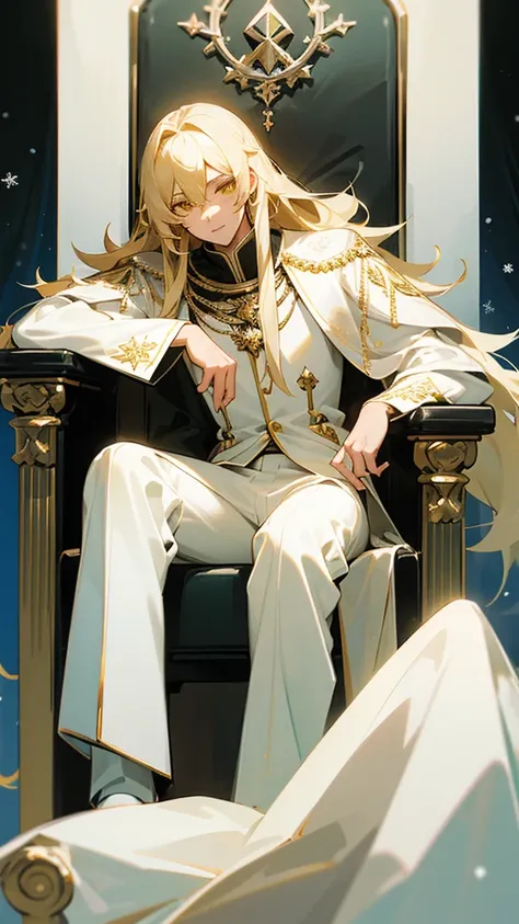 ((snowflakes)), ((white trousers)), masterpiece, ultra-detailed, best quality, 1boy, long hair, blonde hair, yellow eyes, white uniform, black cape, green fur collar, sitting on the throne, he holds a silver glass in his right hand, throne room, ,mksks