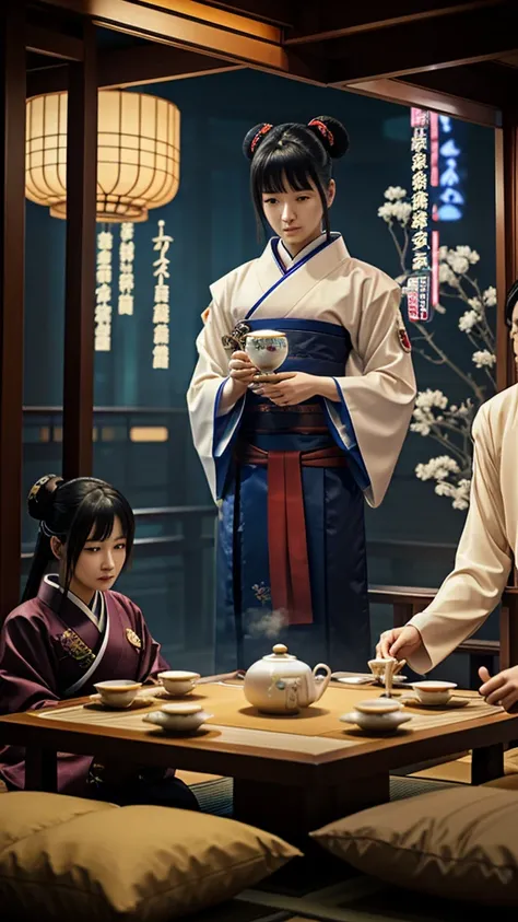 A high-tech tea ceremony party is taking place in a cyberpunk setting in the future of Japan.、An android and a human in traditional Japanese clothing are drinking tea。The hanging scroll in the room reads:"wrtn"it is written like this。A realistic image of。A...